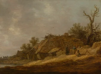 Landvolk bij een vervallen boerderij